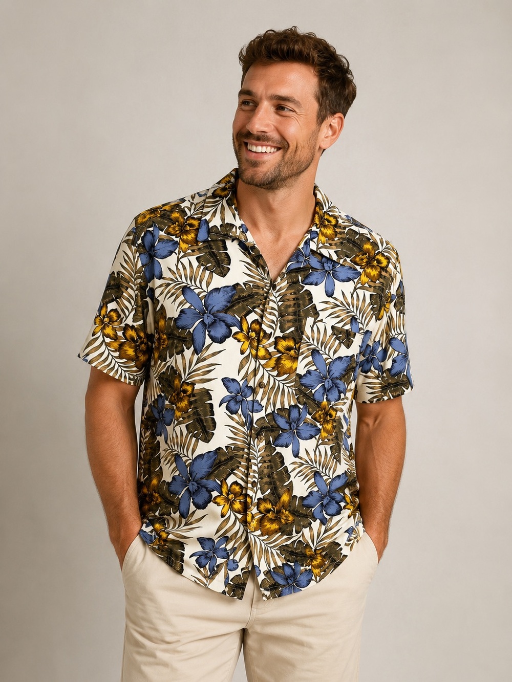 Men's Hawaiian Floral Button Front Shirt Size L